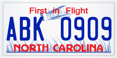 NC license plate ABK0909