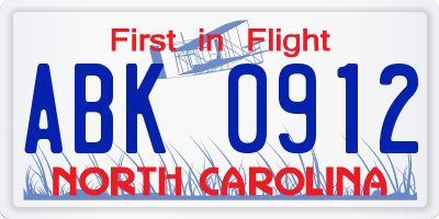 NC license plate ABK0912