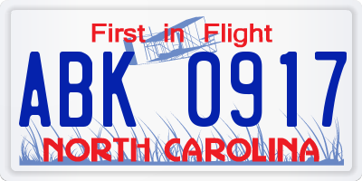 NC license plate ABK0917