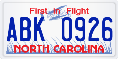 NC license plate ABK0926