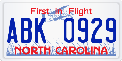 NC license plate ABK0929