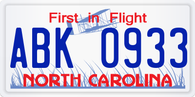 NC license plate ABK0933