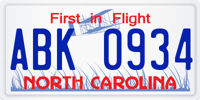 NC license plate ABK0934