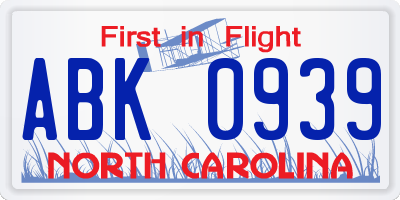 NC license plate ABK0939