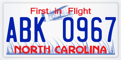 NC license plate ABK0967