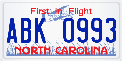 NC license plate ABK0993