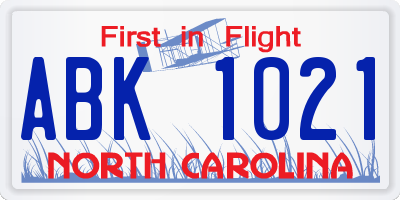 NC license plate ABK1021