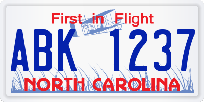 NC license plate ABK1237
