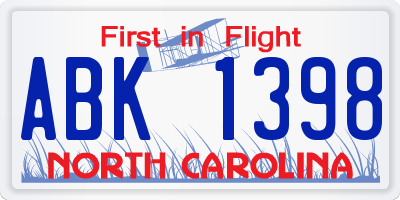 NC license plate ABK1398