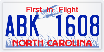NC license plate ABK1608