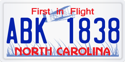 NC license plate ABK1838