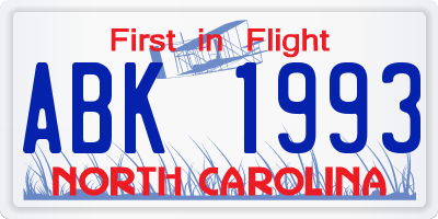 NC license plate ABK1993