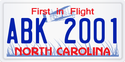 NC license plate ABK2001