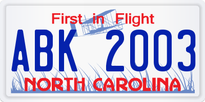 NC license plate ABK2003