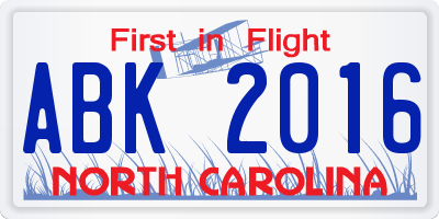 NC license plate ABK2016