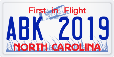 NC license plate ABK2019