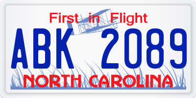 NC license plate ABK2089
