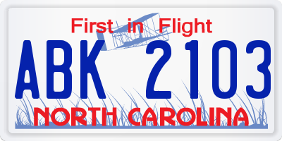 NC license plate ABK2103