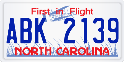 NC license plate ABK2139