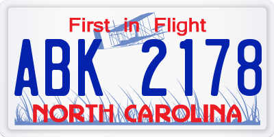 NC license plate ABK2178