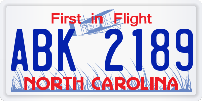 NC license plate ABK2189