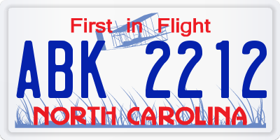 NC license plate ABK2212