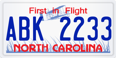NC license plate ABK2233