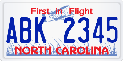 NC license plate ABK2345