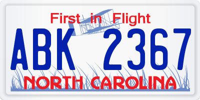 NC license plate ABK2367