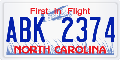NC license plate ABK2374