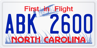 NC license plate ABK2600