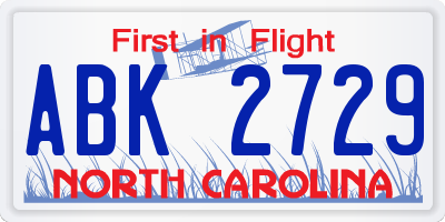 NC license plate ABK2729
