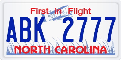 NC license plate ABK2777