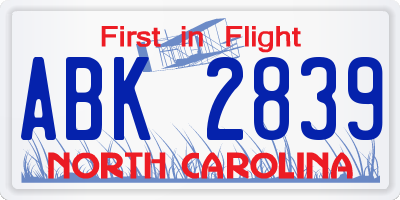 NC license plate ABK2839