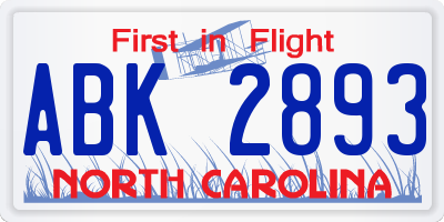 NC license plate ABK2893