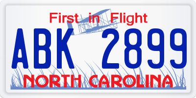 NC license plate ABK2899