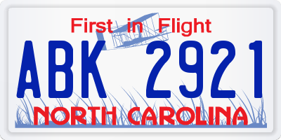 NC license plate ABK2921