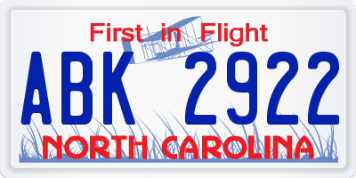 NC license plate ABK2922