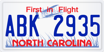 NC license plate ABK2935