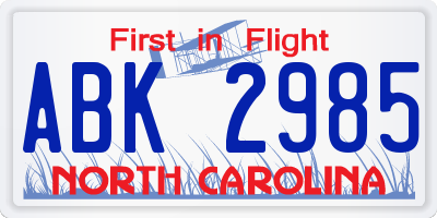 NC license plate ABK2985