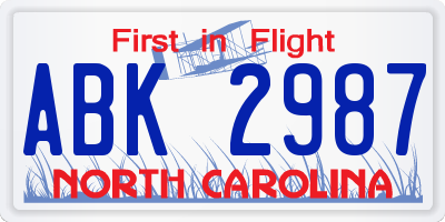 NC license plate ABK2987