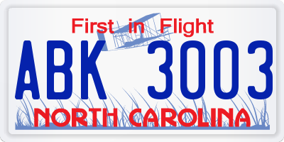 NC license plate ABK3003