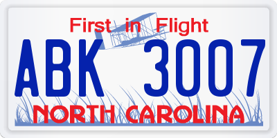 NC license plate ABK3007