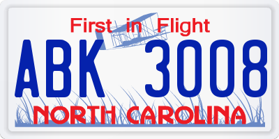 NC license plate ABK3008