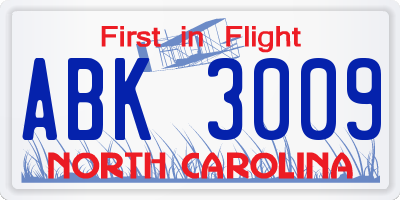 NC license plate ABK3009
