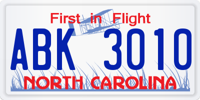 NC license plate ABK3010