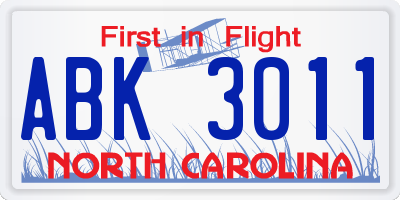 NC license plate ABK3011