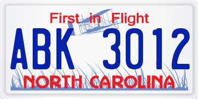 NC license plate ABK3012