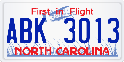 NC license plate ABK3013