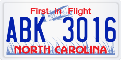 NC license plate ABK3016